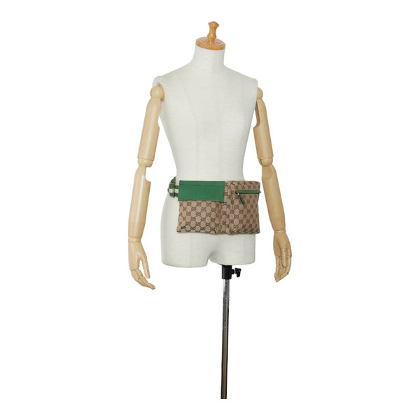 グッチ GGキャンバス シェリーライン ボディバッグ ウエストバッグ 28566 ベージュ グリーン キャンバス レザー レディース GUCCI 【中古】