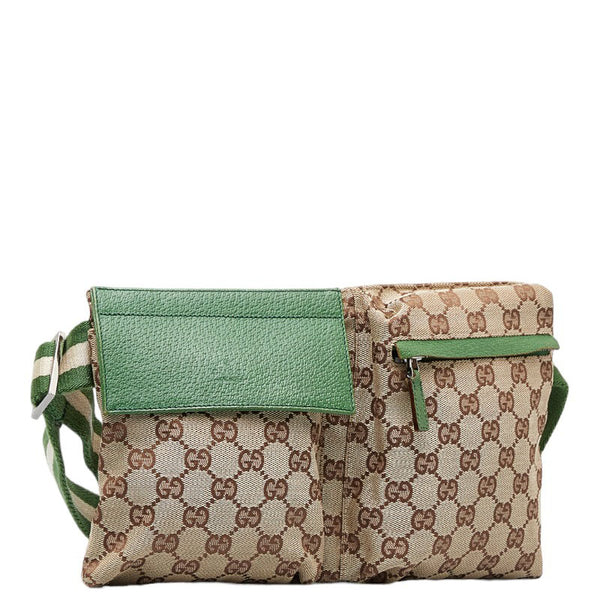 グッチ GGキャンバス シェリーライン ボディバッグ ウエストバッグ 28566 ベージュ グリーン キャンバス レザー レディース GUCCI 【中古】