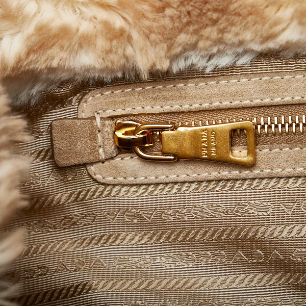 プラダ カナパ フェイクファー ハンドバッグ BN2182 ブルー ベージュ デニム ファー レディース PRADA 【中古】