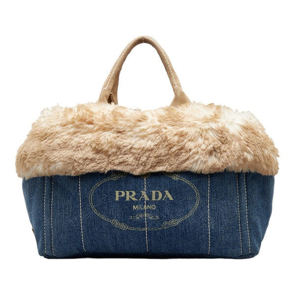 プラダ カナパ フェイクファー ハンドバッグ BN2182 ブルー ベージュ デニム ファー レディース PRADA 【中古】