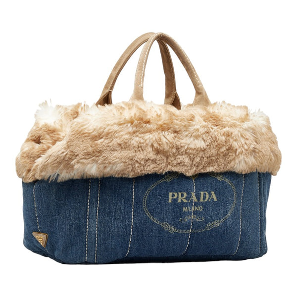プラダ カナパ フェイクファー ハンドバッグ BN2182 ブルー ベージュ デニム ファー レディース PRADA 【中古】