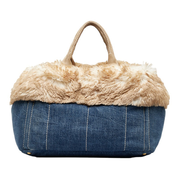 プラダ カナパ フェイクファー ハンドバッグ BN2182 ブルー ベージュ デニム ファー レディース PRADA 【中古】