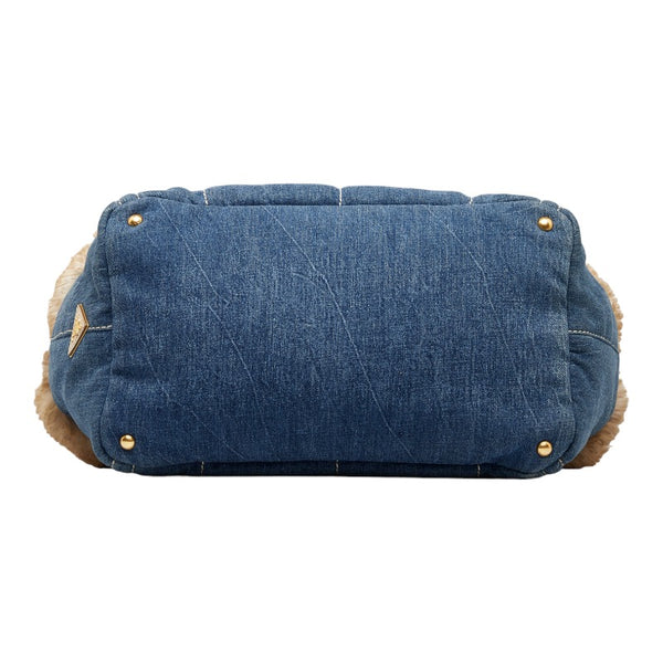 プラダ カナパ フェイクファー ハンドバッグ BN2182 ブルー ベージュ デニム ファー レディース PRADA 【中古】