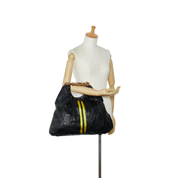 グッチ シェリーライン メタル バンブー ハンドバッグ ワンショルダーバッグ  128989 ブラック イエロー レザー レディース GUCCI 【中古】