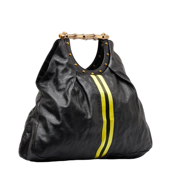 グッチ シェリーライン メタル バンブー ハンドバッグ ワンショルダーバッグ  128989 ブラック イエロー レザー レディース GUCCI 【中古】