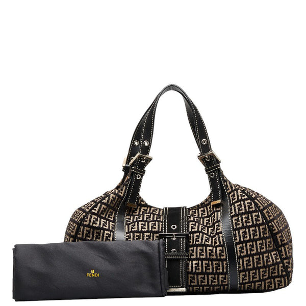 フェンディ ズッキーノ シルバー金具 ハンドバッグ ボストンバッグ 8BR091 ブラック ベージュ キャンバス ベロア レディース FENDI 【中古】