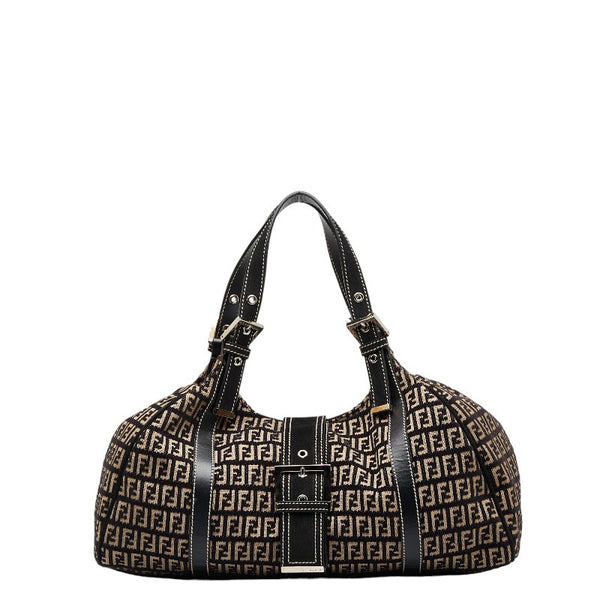 フェンディ ズッキーノ シルバー金具 ハンドバッグ ボストンバッグ 8BR091 ブラック ベージュ キャンバス ベロア レディース FENDI 【中古】