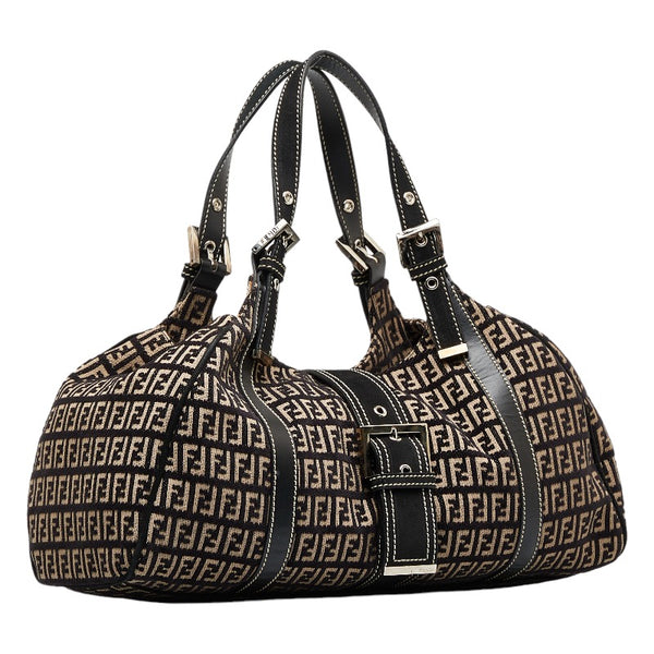 フェンディ ズッキーノ シルバー金具 ハンドバッグ ボストンバッグ 8BR091 ブラック ベージュ キャンバス ベロア レディース FENDI 【中古】
