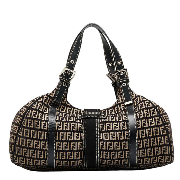 フェンディ ズッキーノ シルバー金具 ハンドバッグ ボストンバッグ 8BR091 ブラック ベージュ キャンバス ベロア レディース FENDI 【中古】