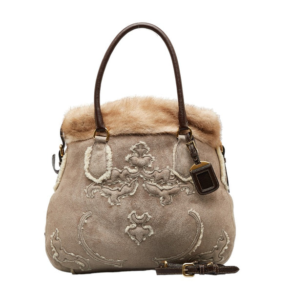プラダ ハンドバッグ ショルダーバッグ 2WAY グレー ブラウン ムートン レザー レディース PRADA 【中古】