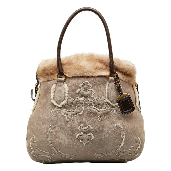 プラダ ハンドバッグ ショルダーバッグ 2WAY グレー ブラウン ムートン レザー レディース PRADA 【中古】