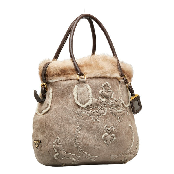 プラダ ハンドバッグ ショルダーバッグ 2WAY グレー ブラウン ムートン レザー レディース PRADA 【中古】