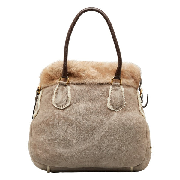 プラダ ハンドバッグ ショルダーバッグ 2WAY グレー ブラウン ムートン レザー レディース PRADA 【中古】