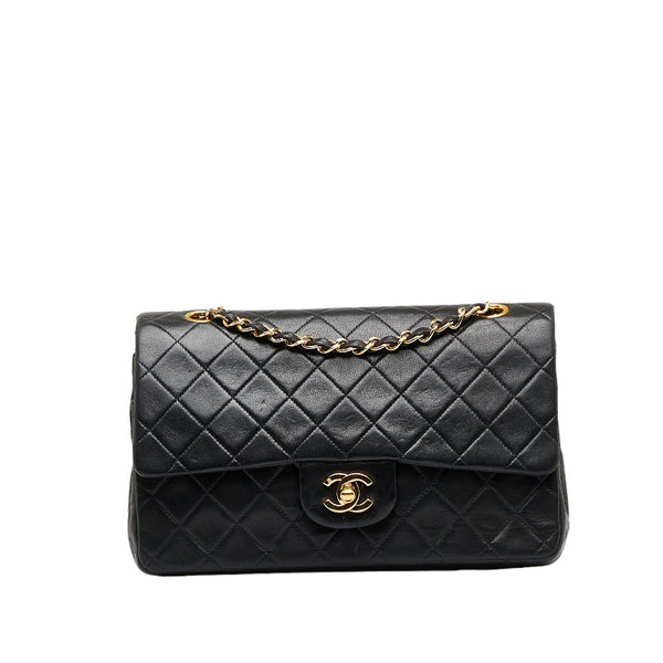 シャネル マトラッセ25 ダブルフラップ チェーン ショルダーバッグ ブラック レザー レディース CHANEL 【中古】