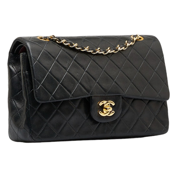 シャネル マトラッセ25 ダブルフラップ チェーン ショルダーバッグ ブラック レザー レディース CHANEL 【中古】