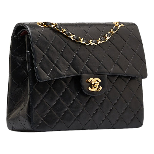 シャネル マトラッセ25 ダブルフラップ チェーン ショルダーバッグ ブラック レザー レディース CHANEL 【中古】