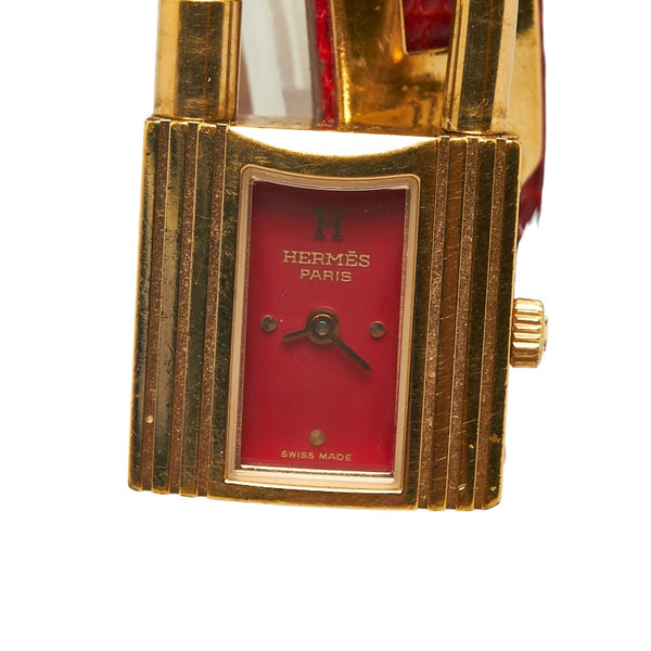 エルメス ケリーウォッチ 腕時計 クオーツ レッド文字盤 メッキ レザー レディース HERMES 【中古】
