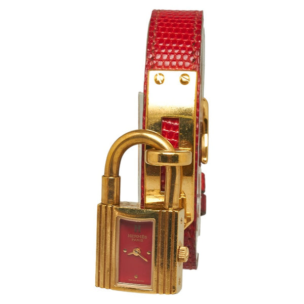 エルメス ケリーウォッチ 腕時計 クオーツ レッド文字盤 メッキ レザー レディース HERMES 【中古】