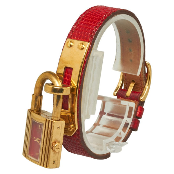 エルメス ケリーウォッチ 腕時計 クオーツ レッド文字盤 メッキ レザー レディース HERMES 【中古】