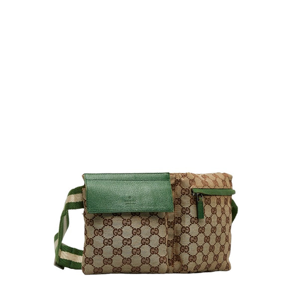グッチ GGキャンバス ウエストバッグ ボディバッグ 28566 ベージュ グリーン キャンバス レザー レディース GUCCI 【中古】