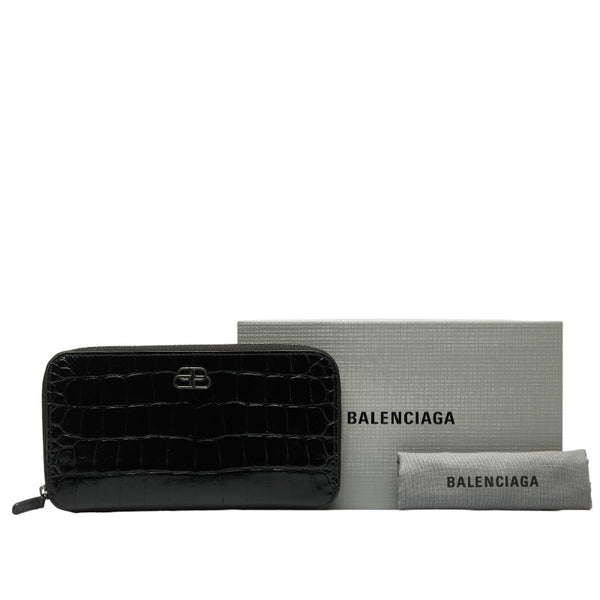 バレンシアガ BBロゴ クロコ型押し ラウンドファスナー 長財布 601390 ブラック レザー レディース BALENCIAGA 【中古】