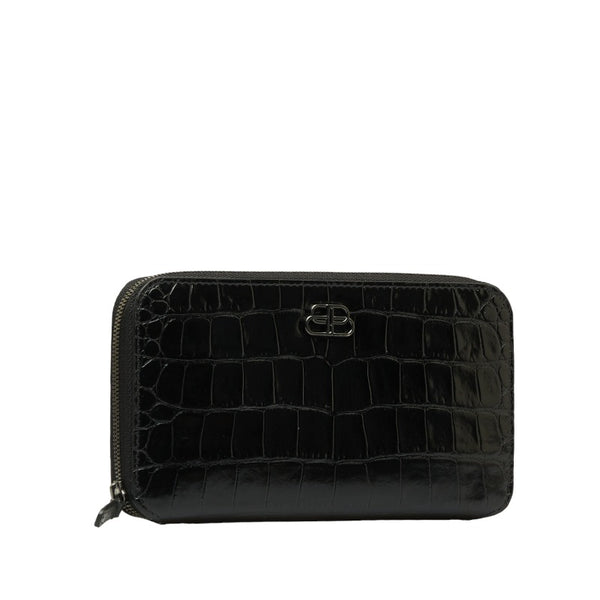 バレンシアガ BBロゴ クロコ型押し ラウンドファスナー 長財布 601390 ブラック レザー レディース BALENCIAGA 【中古】