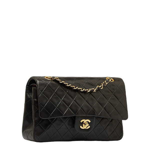 シャネル マトラッセ25 ダブルフラップ チェーン ショルダーバッグ  ブラック レザー レディース CHANEL 【中古】