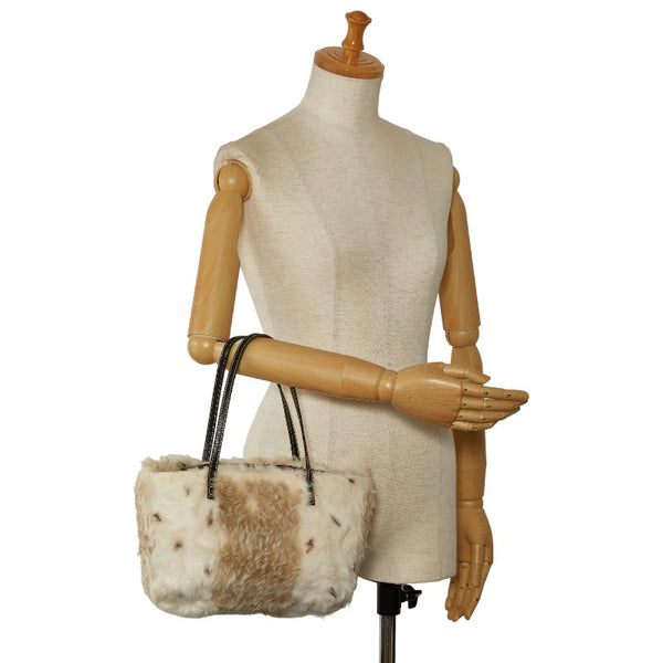 フェンディ アニマル柄 ミニ ハンドバッグ トートバッグ 8BH056 アイボリー ブラウン ファー レザー レディース FENDI 【中古】
