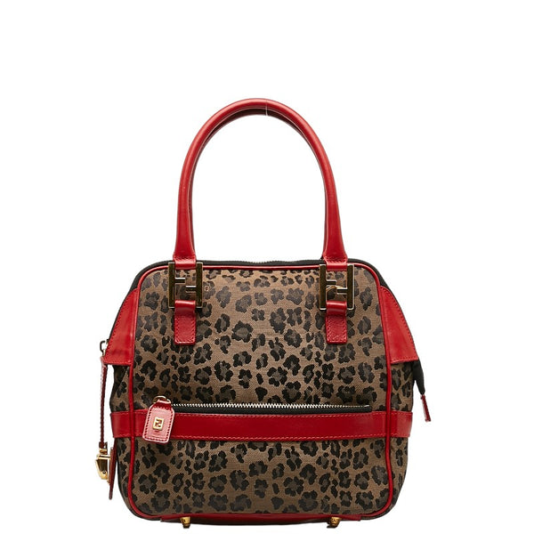フェンディ レオパード ハンドバッグ ベージュ ブラック レッド キャンバス レザー レディース FENDI 【中古】