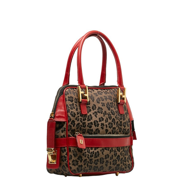 フェンディ レオパード ハンドバッグ ベージュ ブラック レッド キャンバス レザー レディース FENDI 【中古】