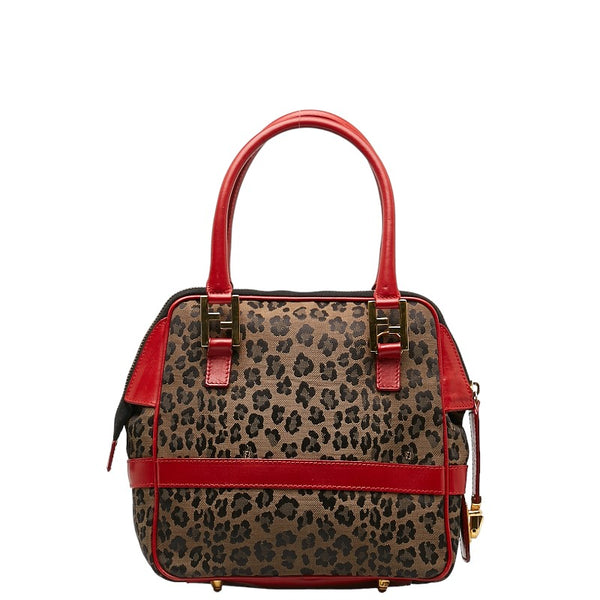 フェンディ レオパード ハンドバッグ ベージュ ブラック レッド キャンバス レザー レディース FENDI 【中古】