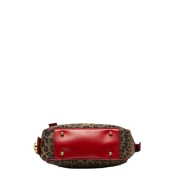 フェンディ レオパード ハンドバッグ ベージュ ブラック レッド キャンバス レザー レディース FENDI 【中古】