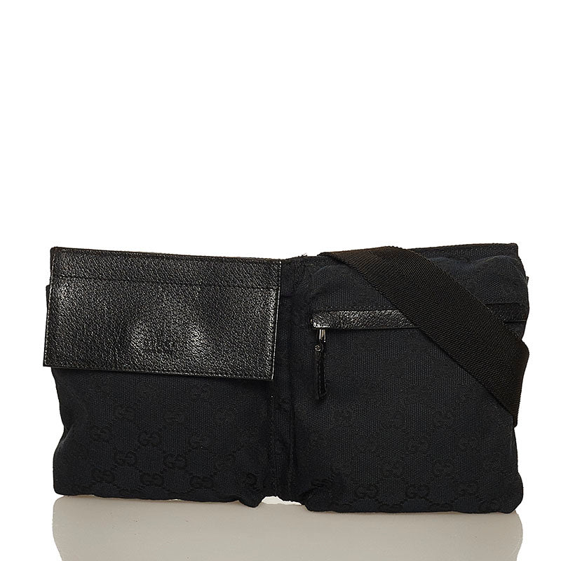 グッチ GGキャンバス 28566 ブラック キャンバス レザー ウエストバッグ メンズ GUCCI 【中古】