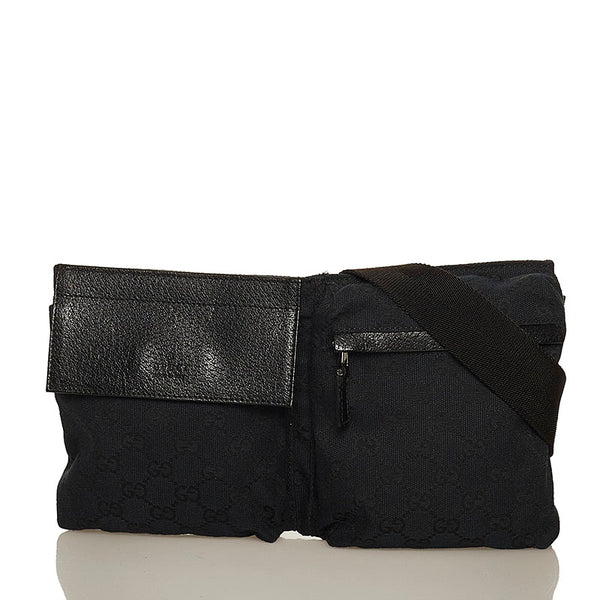 グッチ GGキャンバス 28566 ブラック キャンバス レザー ウエストバッグ メンズ GUCCI 【中古】