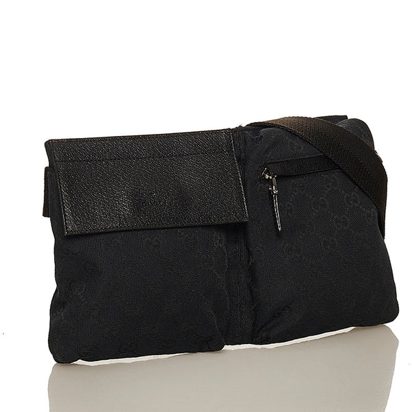 グッチ GGキャンバス 28566 ブラック キャンバス レザー ウエストバッグ メンズ GUCCI 【中古】