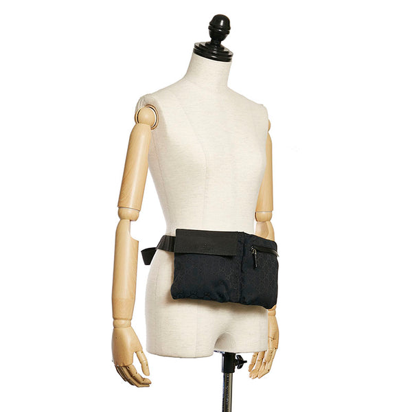 グッチ GGキャンバス 28566 ブラック キャンバス レザー ウエストバッグ メンズ GUCCI 【中古】