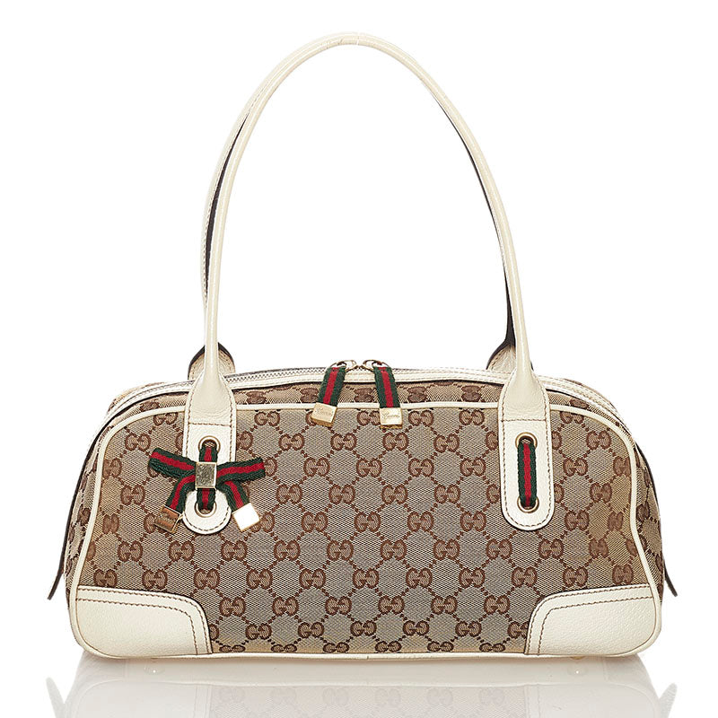 グッチ GGキャンバス プリンシー シェリーライン ハンドバッグ 161720 ベージュ ホワイト キャンバス レザー レディース GUCCI 【中古】