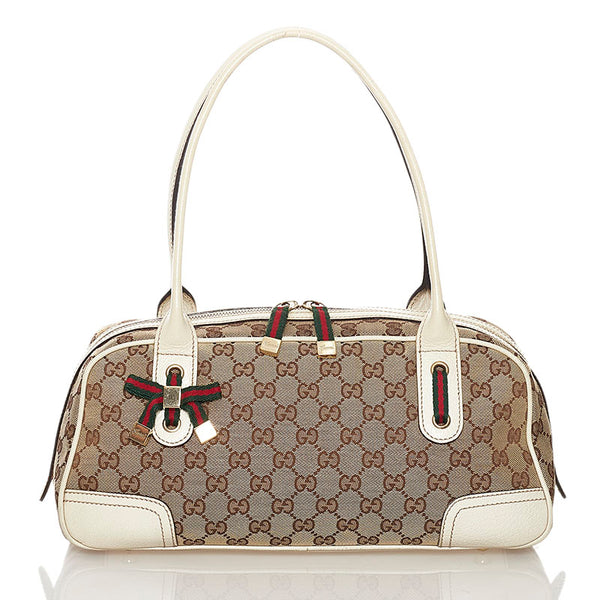 グッチ GGキャンバス プリンシー シェリーライン ハンドバッグ 161720 ベージュ ホワイト キャンバス レザー レディース GUCCI 【中古】