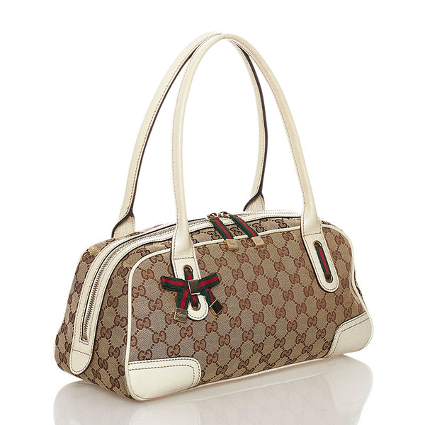 グッチ GGキャンバス プリンシー シェリーライン ハンドバッグ 161720 ベージュ ホワイト キャンバス レザー レディース GUCCI 【中古】