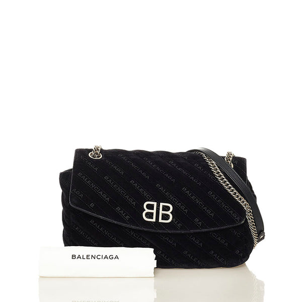 バレンシアガ BBロゴ キルティング チェーン ショルダーバッグ  ブラック シルバー ベロア レディース BALENCIAGA 【中古】