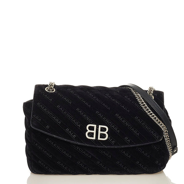 バレンシアガ BBロゴ キルティング チェーン ショルダーバッグ  ブラック シルバー ベロア レディース BALENCIAGA 【中古】