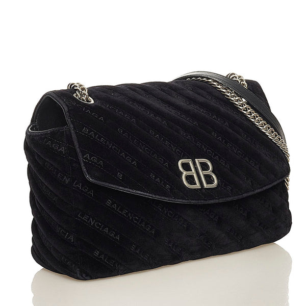 バレンシアガ BBロゴ キルティング チェーン ショルダーバッグ  ブラック シルバー ベロア レディース BALENCIAGA 【中古】