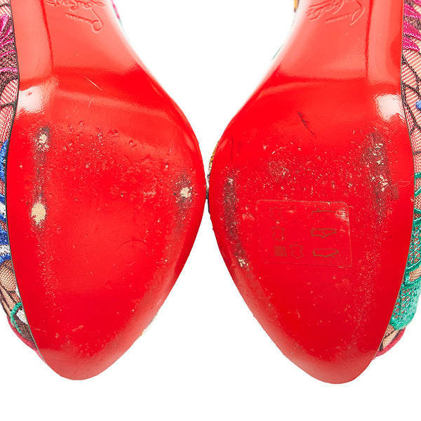 クリスチャンルブタン チュール レース 花柄 オープントゥ ピンヒール パンプス ピンク ブルー スウェード レディース Christian Louboutin 【中古】