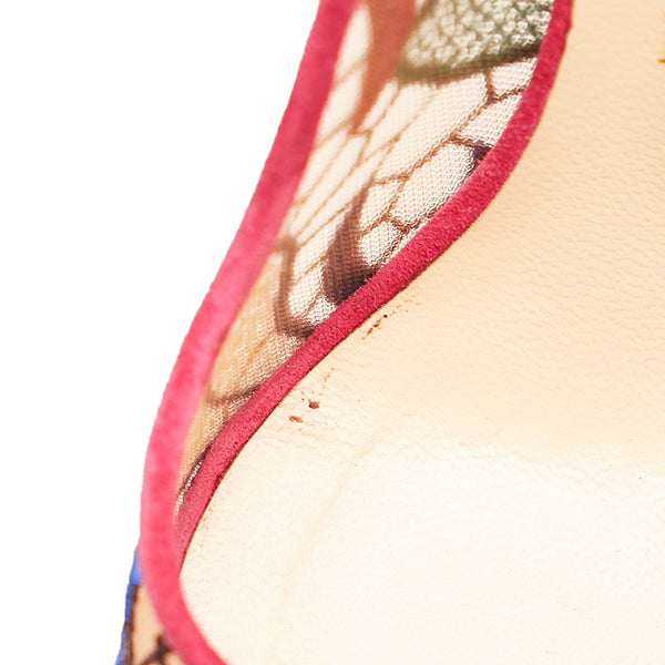 クリスチャンルブタン チュール レース 花柄 オープントゥ ピンヒール パンプス ピンク ブルー スウェード レディース Christian Louboutin 【中古】