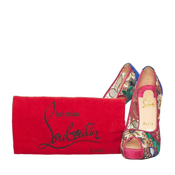 クリスチャンルブタン チュール レース 花柄 オープントゥ ピンヒール パンプス ピンク ブルー スウェード レディース Christian Louboutin 【中古】