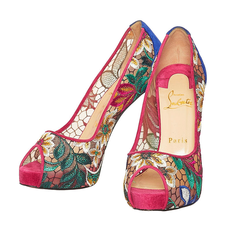 クリスチャンルブタン チュール レース 花柄 オープントゥ ピンヒール パンプス ピンク ブルー スウェード レディース Christian Louboutin 【中古】