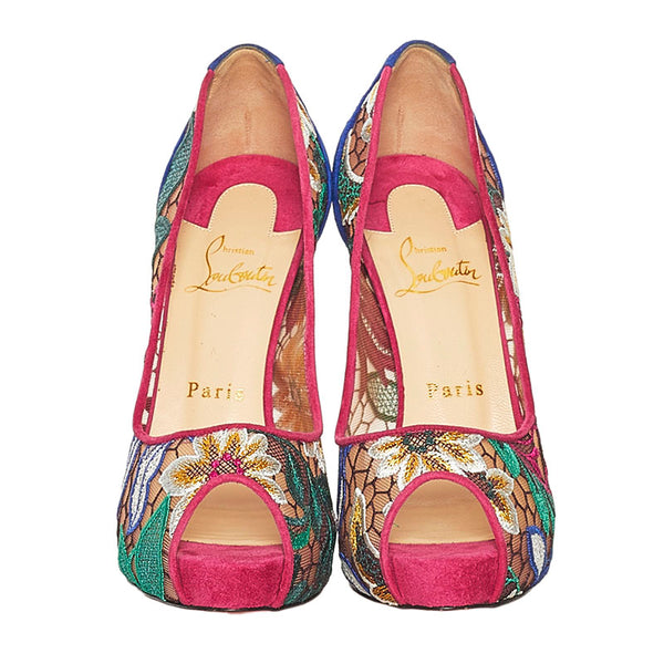 クリスチャンルブタン チュール レース 花柄 オープントゥ ピンヒール パンプス ピンク ブルー スウェード レディース Christian Louboutin 【中古】