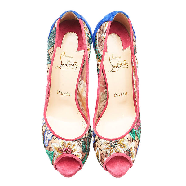 クリスチャンルブタン チュール レース 花柄 オープントゥ ピンヒール パンプス ピンク ブルー スウェード レディース Christian Louboutin 【中古】