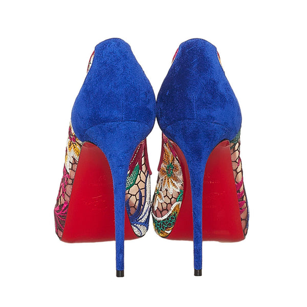 クリスチャンルブタン チュール レース 花柄 オープントゥ ピンヒール パンプス ピンク ブルー スウェード レディース Christian Louboutin 【中古】