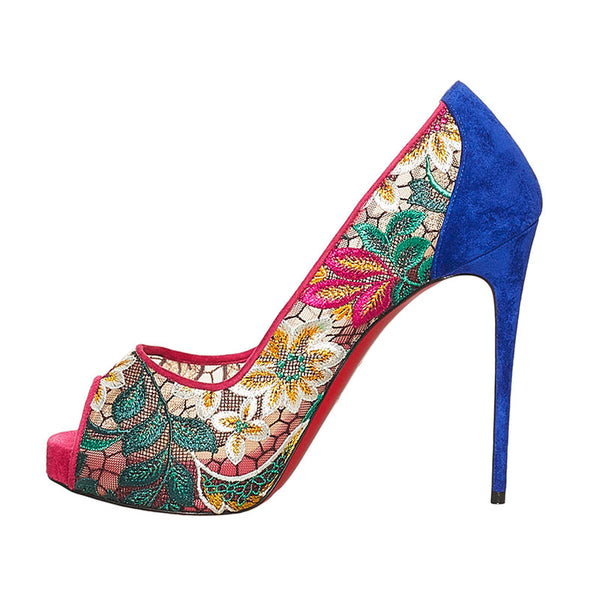 クリスチャンルブタン チュール レース 花柄 オープントゥ ピンヒール パンプス ピンク ブルー スウェード レディース Christian Louboutin 【中古】